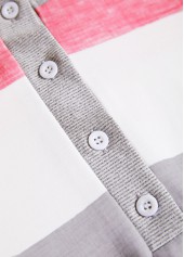 Striped Patchwork Pink Long Sleeve Split Neck Sweatshirt