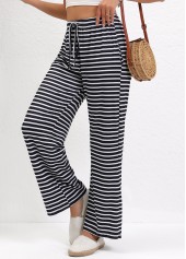 Striped Pocket Black Straight Leg Elastic Waist Pants