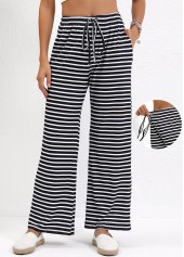 Striped Pocket Black Straight Leg Elastic Waist Pants