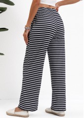 Striped Pocket Black Straight Leg Elastic Waist Pants