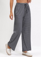 Striped Pocket Black Straight Leg Elastic Waist Pants