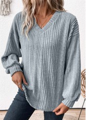 Long Sleeve Light Blue V Neck T Shirt