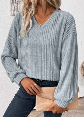 Long Sleeve Light Blue V Neck T Shirt