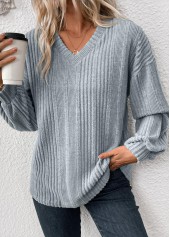 Long Sleeve Light Blue V Neck T Shirt