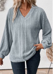 Long Sleeve Light Blue V Neck T Shirt