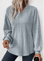 Long Sleeve Light Blue V Neck T Shirt