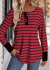 Striped Patchwork Wine Red Long Sleeve T Shirt