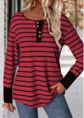 Striped Patchwork Wine Red Long Sleeve T Shirt