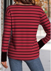 Striped Patchwork Wine Red Long Sleeve T Shirt