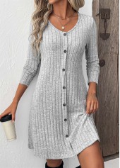 Button Light Grey Long Sleeve Scoop Neck Dress
