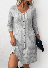 Button Light Grey Long Sleeve Scoop Neck Dress