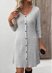 Button Light Grey Long Sleeve Scoop Neck Dress