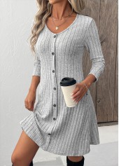 Button Light Grey Long Sleeve Scoop Neck Dress