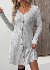 Button Light Grey Long Sleeve Scoop Neck Dress