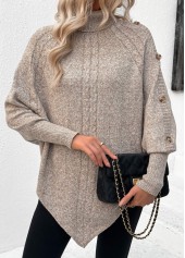 Button Light Camel Long Sleeve High Neck Sweater