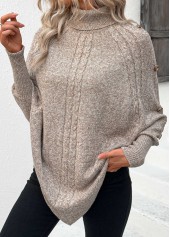 Button Light Camel Long Sleeve High Neck Sweater