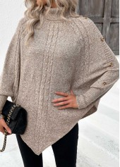 Button Light Camel Long Sleeve High Neck Sweater