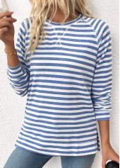 Striped Light Blue Long Sleeve Round Neck T Shirt