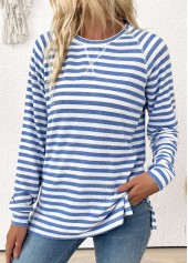 Striped Light Blue Long Sleeve Round Neck T Shirt