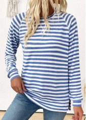 Striped Light Blue Long Sleeve Round Neck T Shirt