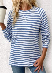 Striped Light Blue Long Sleeve Round Neck T Shirt