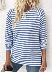 Striped Light Blue Long Sleeve Round Neck T Shirt