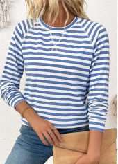 Striped Light Blue Long Sleeve Round Neck T Shirt