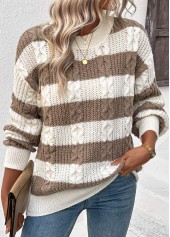 Striped Weave Dark Coffee Long Sleeve Round Neck Sweater