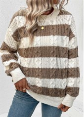 Striped Weave Dark Coffee Long Sleeve Round Neck Sweater