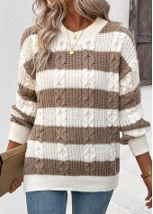 Striped Weave Dark Coffee Long Sleeve Round Neck Sweater