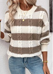 Striped Weave Dark Coffee Long Sleeve Round Neck Sweater