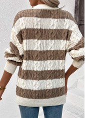 Striped Weave Dark Coffee Long Sleeve Round Neck Sweater