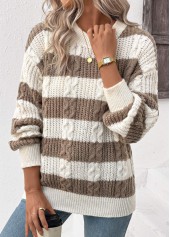 Striped Weave Dark Coffee Long Sleeve Round Neck Sweater
