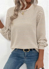 Jacquard Light Coffee Long Sleeve Round Neck T Shirt