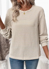 Jacquard Light Coffee Long Sleeve Round Neck T Shirt