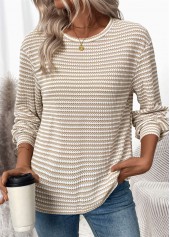 Jacquard Light Coffee Long Sleeve Round Neck T Shirt
