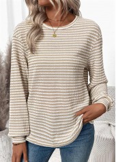 Jacquard Light Coffee Long Sleeve Round Neck T Shirt