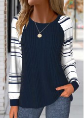 Striped Patchwork Navy Long Sleeve Round Neck Sweatshirt
