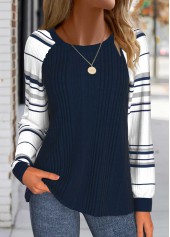 Striped Patchwork Navy Long Sleeve Round Neck Sweatshirt
