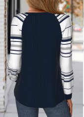 Striped Patchwork Navy Long Sleeve Round Neck Sweatshirt