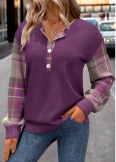 Plus Size Purple Button Plaid Long Sleeve Sweatshirt