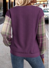 Plus Size Purple Button Plaid Long Sleeve Sweatshirt
