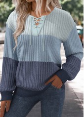 Patchwork Blue Long Sleeve Lace Up Collar Sweatshirt