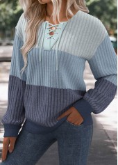 Patchwork Blue Long Sleeve Lace Up Collar Sweatshirt