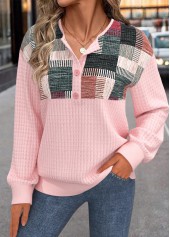 Geometric Print Button Pink Long Sleeve Sweatshirt