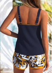 Tropical Plants Print Patchwork Navy Tankini Set
