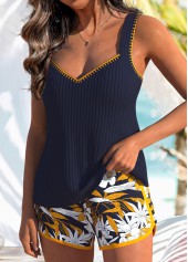 Tropical Plants Print Patchwork Navy Tankini Set
