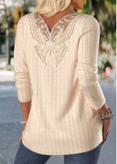 Lace Beige Long Sleeve Round Neck T Shirt