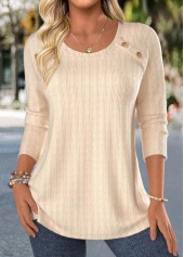 Lace Beige Long Sleeve Round Neck T Shirt