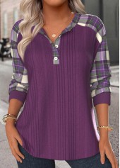 Plaid Button Purple Long Sleeve Split Neck Sweatshirt